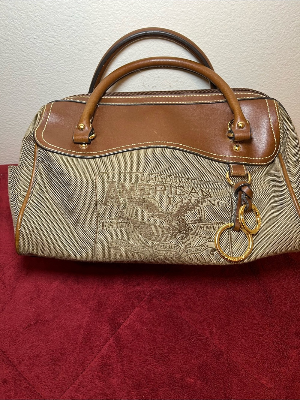 American Living Beige Canvas with Brown Leather Trim Handbag